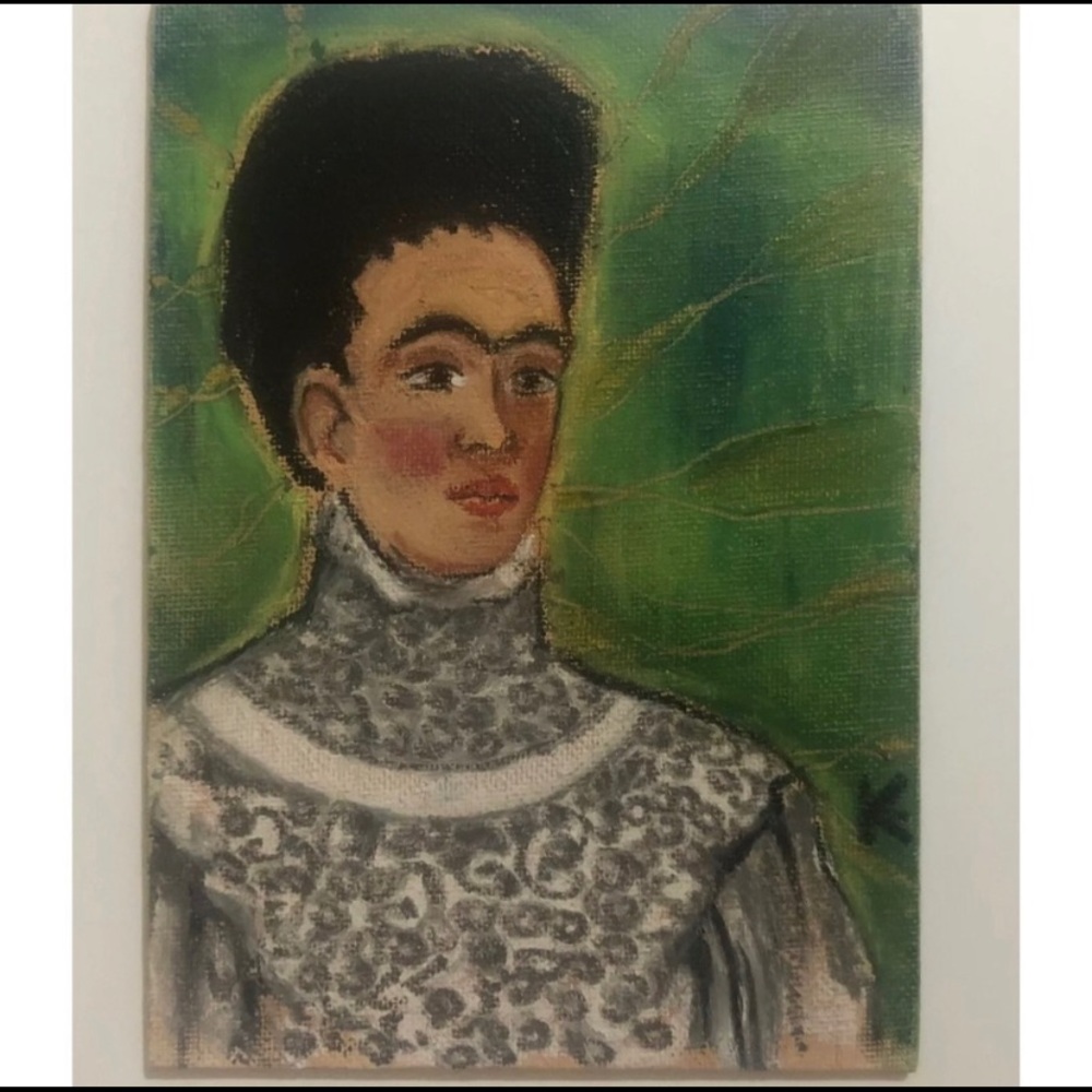 Frida Kahlo Wearing a White Dress Original Oil Pastel Painting 5x7 Artwork